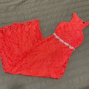 Jodi Kristopher Coral Lace Prom Dress